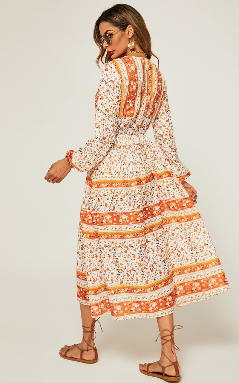 Midi-jurk met bloemenprint in oranje