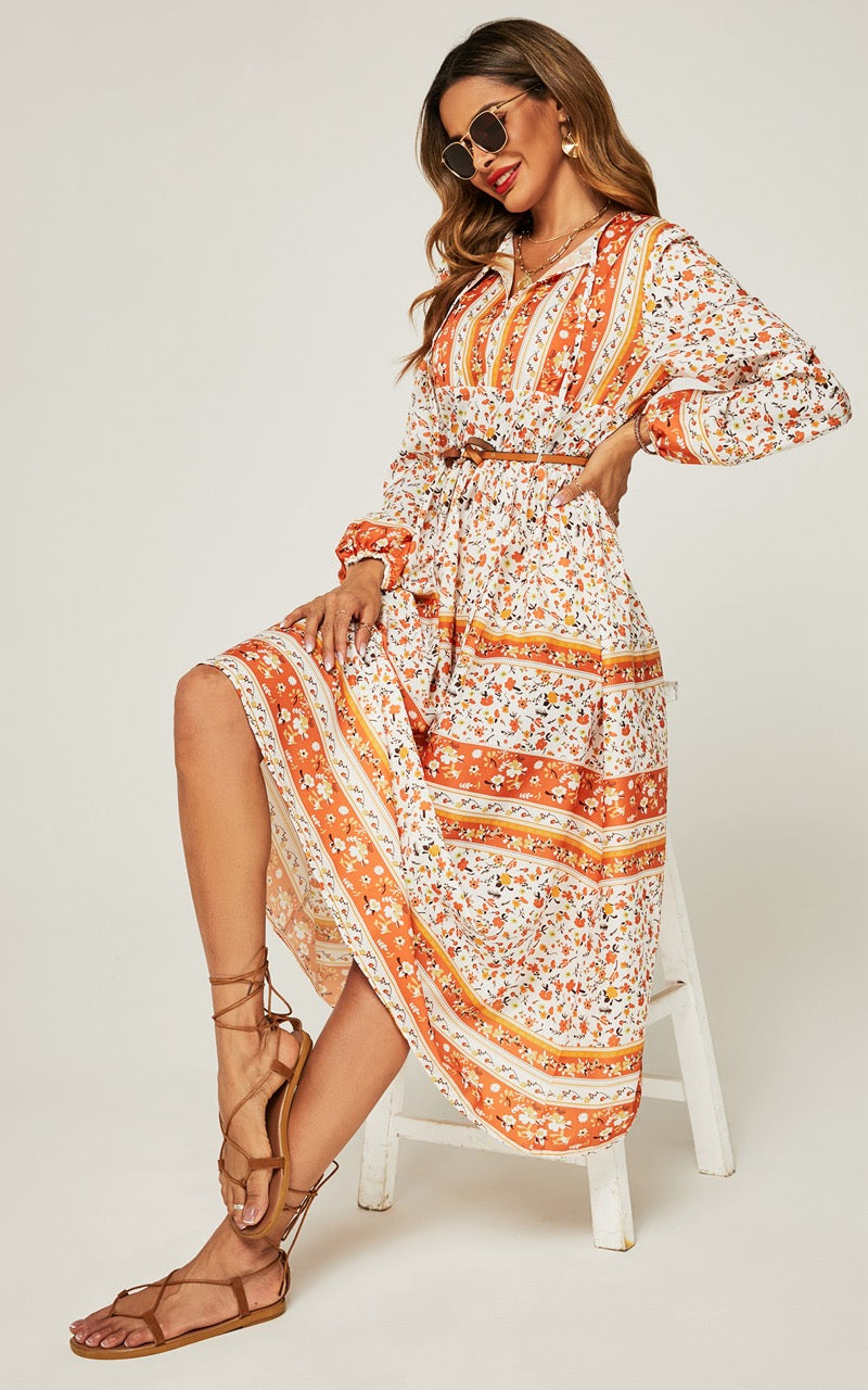 Midi-jurk met bloemenprint in oranje