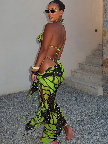 Luna Dames Sexy Tie-dye Vlinderprint Mesh 3-delige Bikiniset