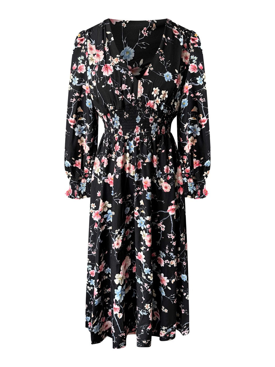 Midi-jurk met lange mouwen en bloemenprint in zwart