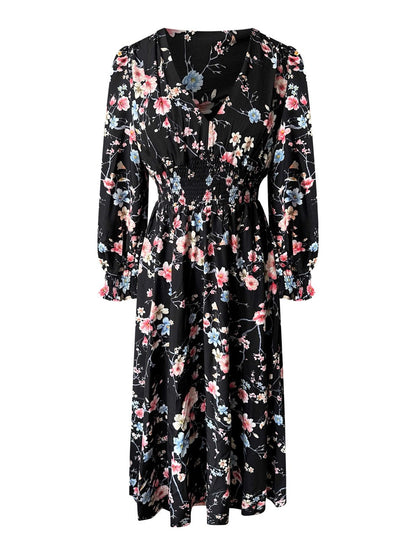 Midi-jurk met lange mouwen en bloemenprint in zwart