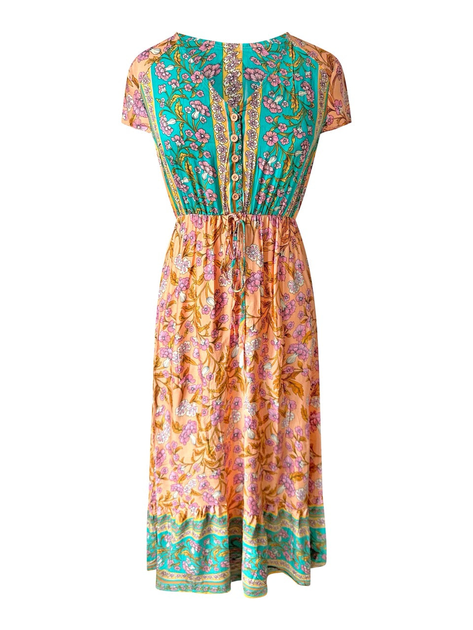 Midi-jurk met bloemenprint in turkooisgroen en perzik.