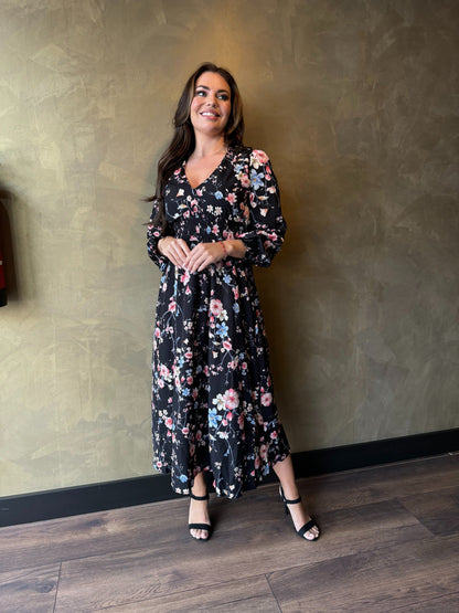 Midi-jurk met lange mouwen en bloemenprint in zwart